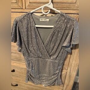 Grace Karin Silver Sequin V-Neck Ruched Flutter Sleeve Blouse